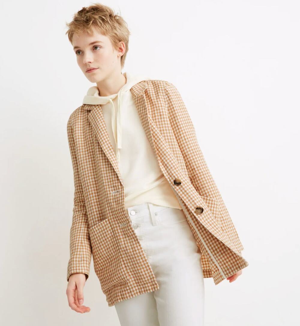 Madewell Linen Dorset Blazer in Gingham Check Sz S melange check earthen sand